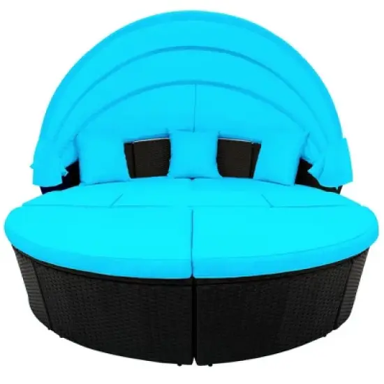 6pc Wicker Round Outdoor Sectional Set with Cushions - Black/Blue - GODEER image {18}