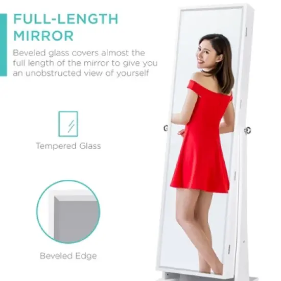 Best Choice Products 360 Swivel Standing Mirrored Jewelry Cabinet, LED-Lit Makeup Organizer w/ Mirror - White image {2}
