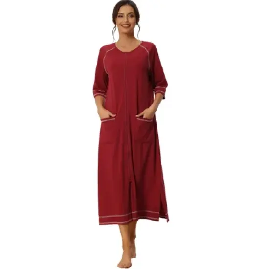 cheibear Womens Zipper Front Housecoat with Pockets Long Robes image {8}