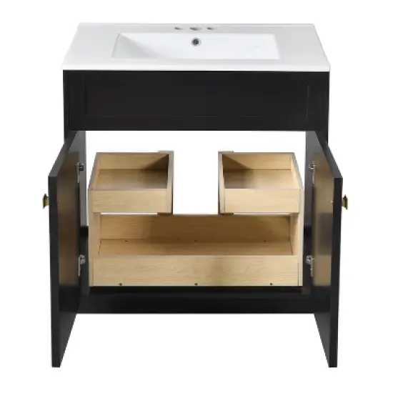 30'' Modern Bathroom Vanity with Ceramic Sink, Freestanding Storage Cabinet with Soft-Closing Doors & Gold Handles, White/Black - ModernLuxe image {7}