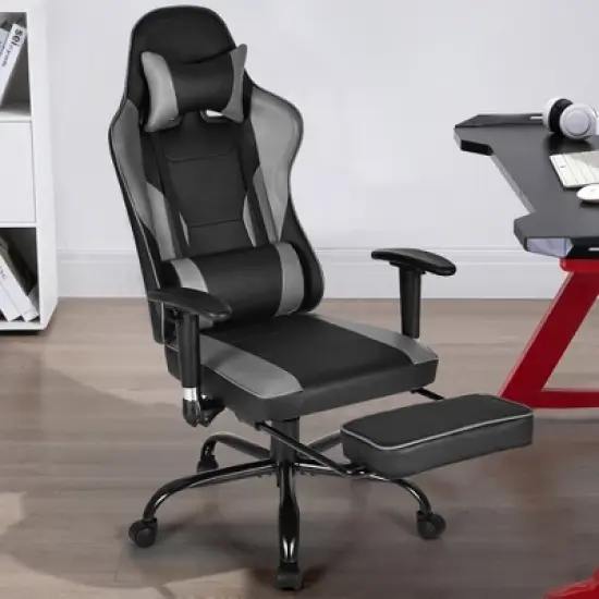 Costway Gaming Chair Racing High Back Office Chair w/ Footrest Black image {3}