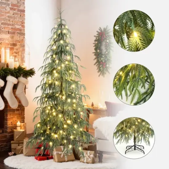 LuxenHome 6.5Ft Pre-Lit Slim Artificial Cedar Christmas Tree with Metal Stand Green image {1}