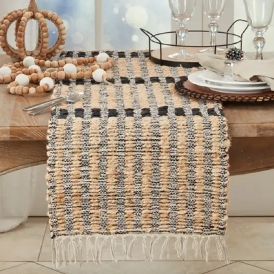 Saro Lifestyle Textured Bold Stripe Fringe Table Runner, 16"x72", Black image {2}