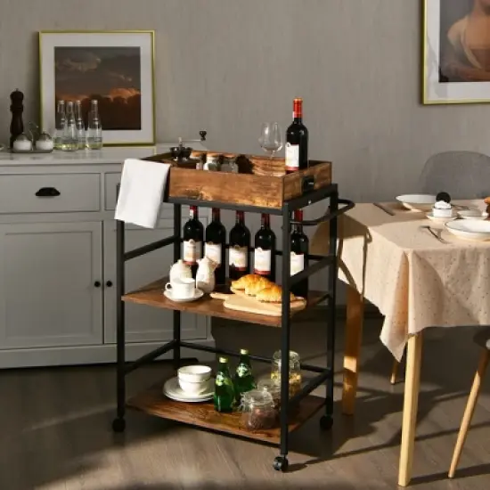 Costway 3-Tier Rolling Bar Cart Kitchen Serving Cart w/ Removable Tray & Handle image {2}