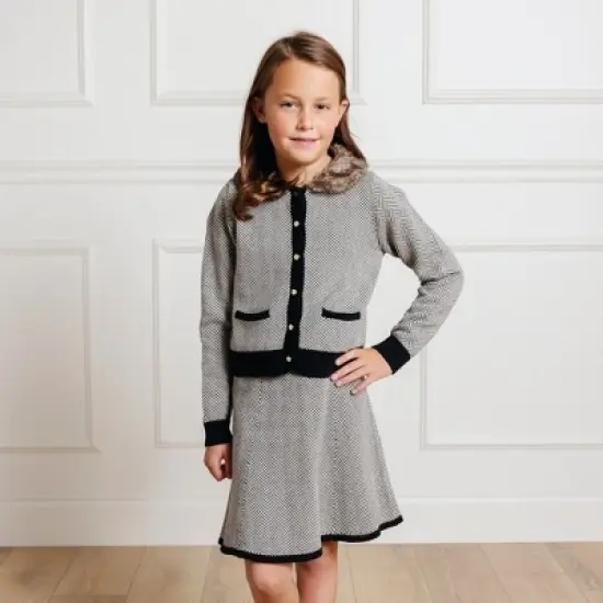 Hope & Henry Girls' Long Sleeve Cardigan and Skirt Sweater Set with Trim, Kids image {4}