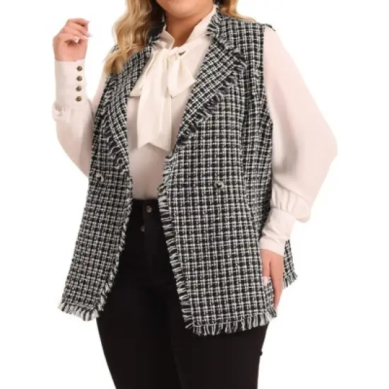 Agnes Orinda Women's Plus Size Plaid Open Front Lapel Button Sleeveless Vests image {1}