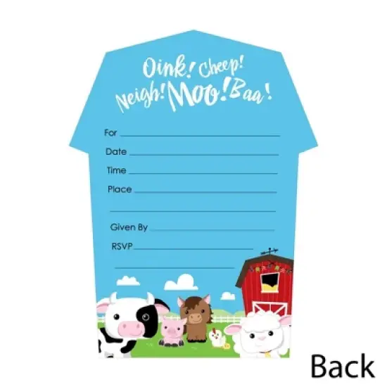 Big Dot of Happiness Farm Animals - Shaped Fill-in Invitations - Baby Shower or Birthday Party Invitation Cards with Envelopes - Set of 12 image {2}