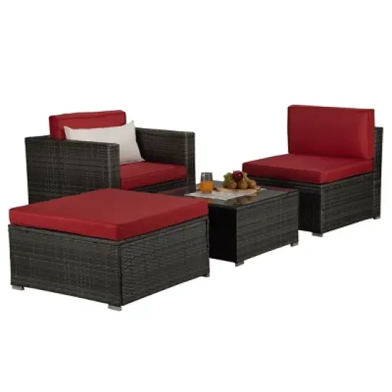 4pc Outdoor Wicker Conversation Set - Red/Brown - GODEER image {8}
