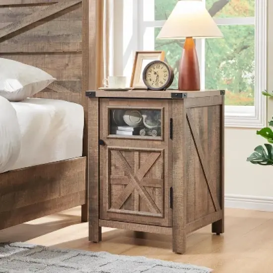 Nightstand with Charging Station, 18" Farmhouse Night Stand with Adjustable Shelf, Wooden Rustic End Table Side Table image {9}