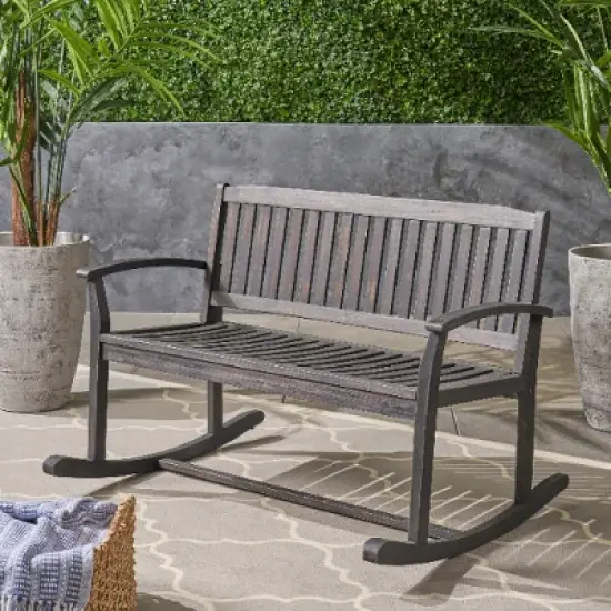 Lyngins Acacia Wood Patio Loveseat with Armrests, Slatted Seat & Backrest, Outdoor Rocking Bench, Porch Bench/Outdoor Bench for Backyard, Garden image {2}
