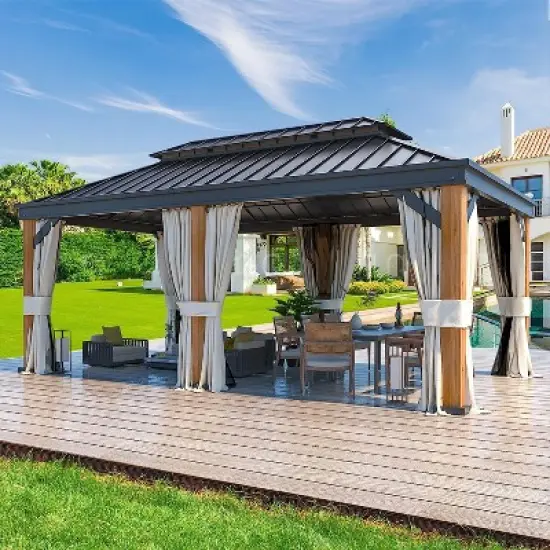 Erommy 12' X 20' Ultra-Thick Columns and Beams Hardtop Gazebo with Faux Wood Grain Aluminum Frame, Vertical Stripe Galvanized Steel Double Roof image {2}