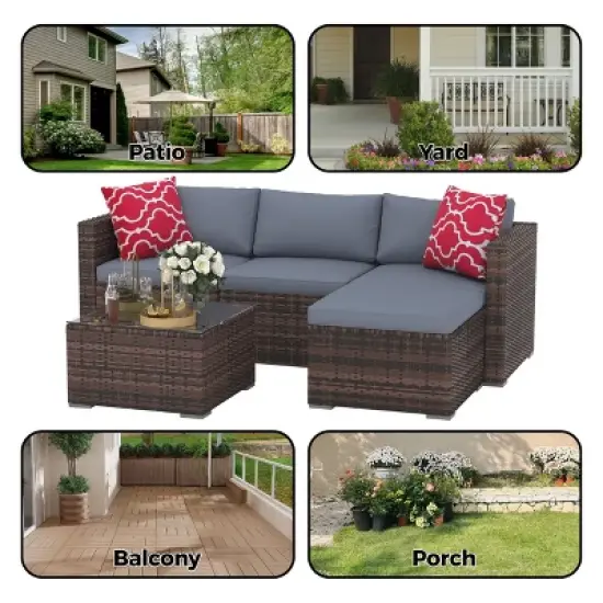 5PCs Outdoor Patio Furniture Set, Wicker Rattan Sectional Sofa with Glass Table & Anti-Slip Cushions for Porch, Garden, and Backyard, Brown/Grey image {2}