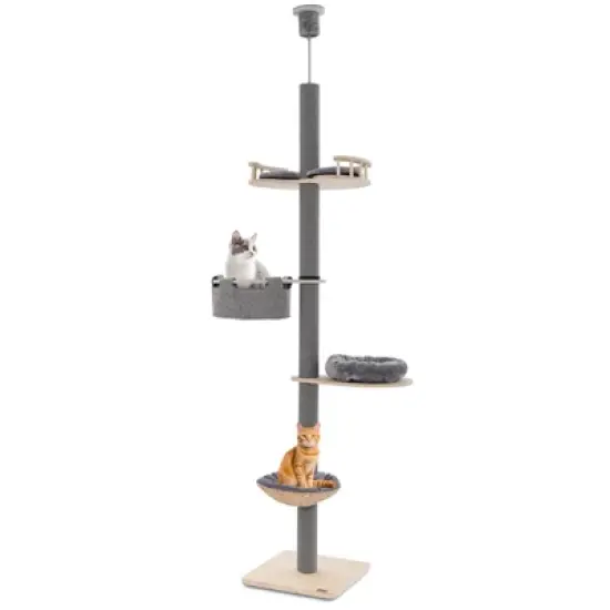 Costway 5-Tier Floor to Ceiling Cat Tree w/93"-107" Adjustable Height Cozy Hammock & Bed image {9}