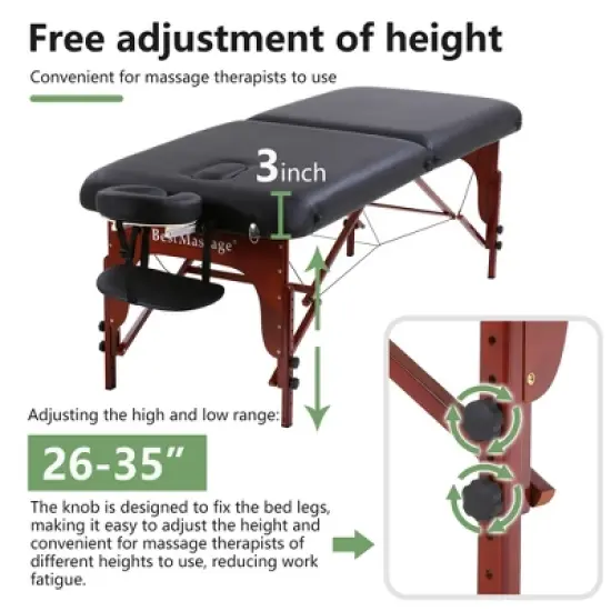 FDW Massage Table SPA Bed Height Adjustable 2 Fold Massage Table,Black image {2}