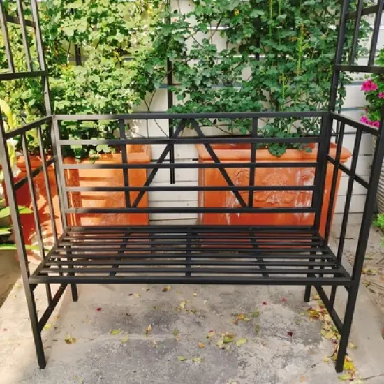 Chery Life Metal Garden Arch with Gate with planter, Climbing Plants Support Rose Arch Outdoor Black image {7}