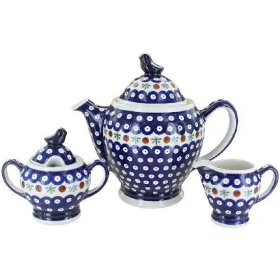 Blue Rose Polish Pottery 1230 Zaklady 3 PC Coffee Pot Set with Bird Topper image {2}