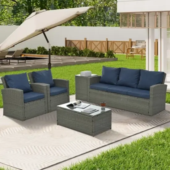 Syemin 5PCS Patio Seating Rattan Furniture Set Sectional Sofa Cushioned Garden, Tempered Glass Table, Blue, 67.5"*24.2"*29.7" image {3}