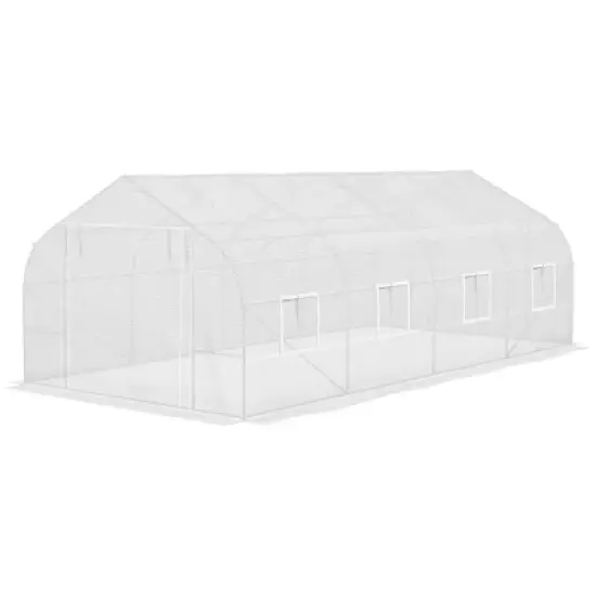 Outsunny 19.5' x 9.8' x 6.9' Walk-In Greenhouse, Outdoor Gardening Canopy Hot House with 8 Roll-up Windows, Zippered Door & Weather Cover, Steel White image {3}