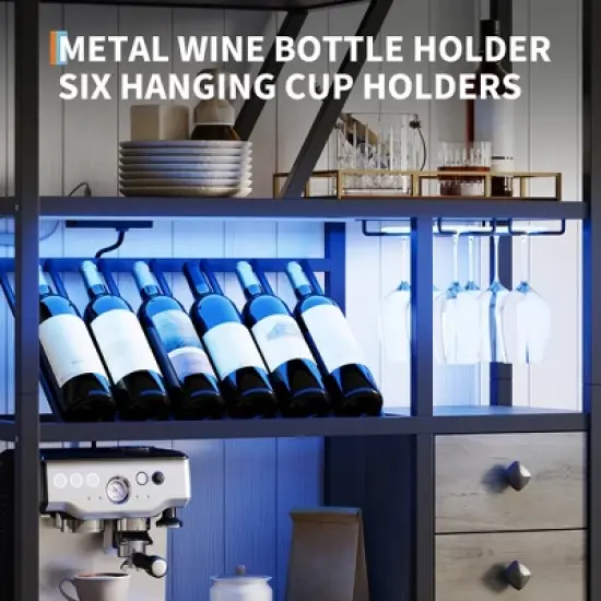 Wine Bar Cabinet with LED Lights & Power Outlets, Tall Coffee Bar Station with Wine Rack, Microwave Stand for Kitchen, Living Room image {5}