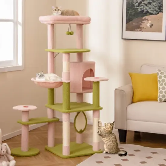 Costway 58&rdquo; Tall Cat Tree Multi-Level Aesthetic Floral Kitten Tower w/ Plush Padded Top Perch image {2}