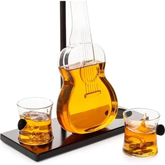 The Wine Savant Guitar Design Whiskey & Wine Decanter Set Includes 2 Whiskey Glasses, Beautiful Home Decor - 1000 ml image {1}