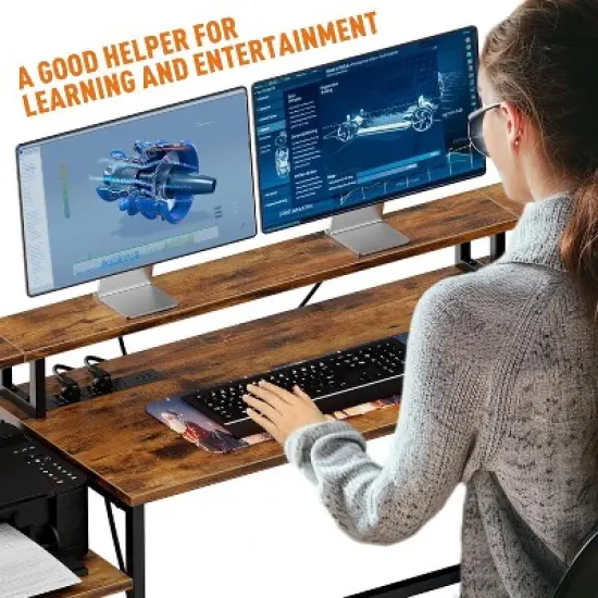 L Shaped Office Desk - 76" Reversible L Shaped Computer Desk Office Desk with Power Outlet and File Drawer Gaming Desk with Monitor Shelf Desk image {1}