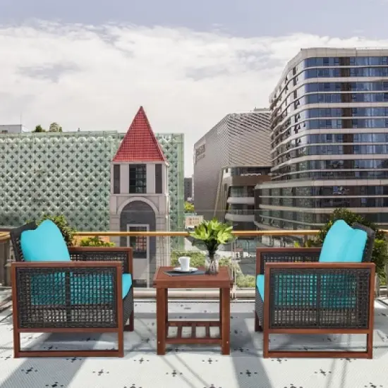 Costway 3PCS Patio Wicker Furniture Set Solid Wood Frame Cushion Sofa w/ Square Table Shelf image {2}