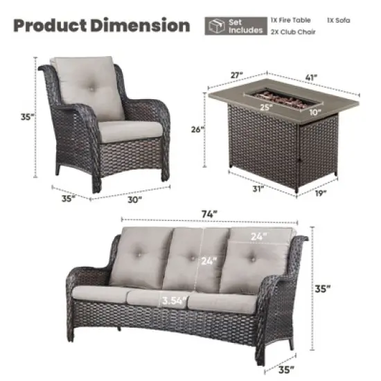 POCASSY 4-Piece Outdoor Furniture Set with 50000BTU Propane Fire Pit, All Weather Wicker Patio Fire Pit Table Set with 3-Seater Sofa and Club Chair image {11}