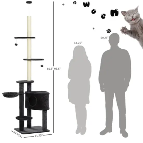 MaseiKar Adjustable Height Floor-To-Ceiling Vertical Cat Tree with Carpet Platforms, Condo & Rope Scratching Areas, Dark Grey image {4}