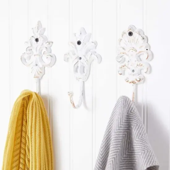 Farmlyn Creek 3 Pack Cast Iron Coat Hooks with Screws, Wall Mounted, Vintage Design (White, 8.3 in) image {1}