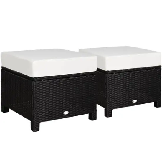 Outsunny 2 Pc 20" Outdoor PE Rattan Wicker Ottoman, Fade-Resistant Patio Footrest with Soft Cushion, Steel Frame, Black, White image {6}