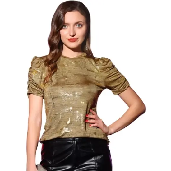 Allegra K Women's Glitter Puff Sleeve Round Neck Stretch Casual Shiny T-Shirt image {6}