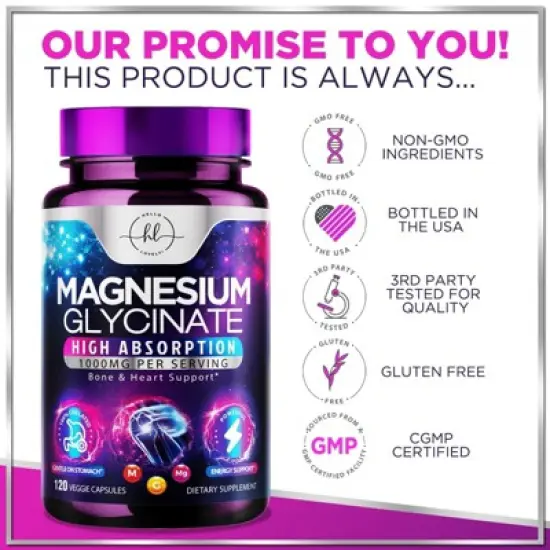 Magnesium Glycinate - 1000mg High Absorption Chelated Magnesium Supplement for Sleep, Muscle, Nerve & Heart Support - 120 Capsules By Hello Lovely! image {3}