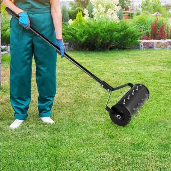 Costway 18" Manual Lawn Aerator Heavy Duty Rolling Push Grass Filled with Sand or Stone Aeration Tool with Handle Green/Black image {1}