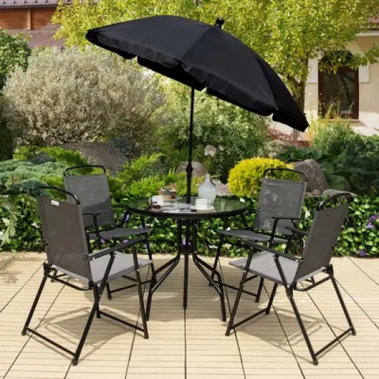 Tangkula 6PCS Patio Garden Dining Set w/ Round Table & 4 Folding Chairs & Umbrella image {2}