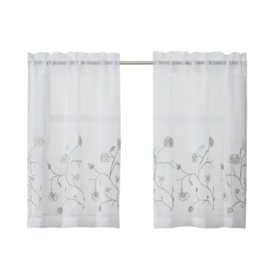 Kate Aurora Complete 3 Piece Embroidered Shabby Floral Roses Sheer Cafe Kitchen Curtain Tier & Valance Set image {2}