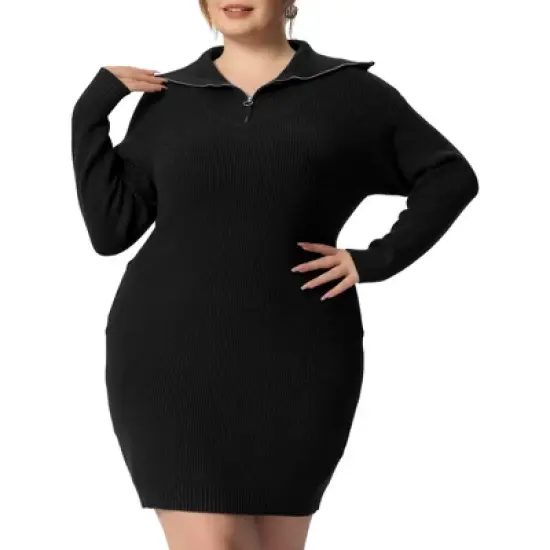 Agnes Orinda Women's Plus Size Knit Long Sleeve Zipper Collar Pullover Mini Sweater Dresses image {5}