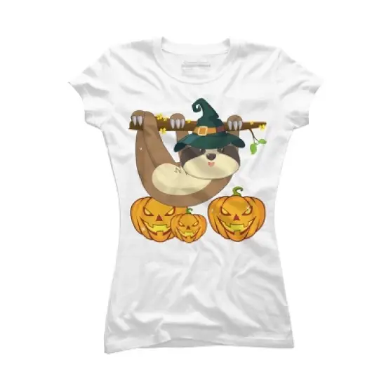 Junior's Design By Humans Funny Witch Sloth With Jack O Lantern Halloween T-Shirt By thebeardstudio T-Shirt image {4}