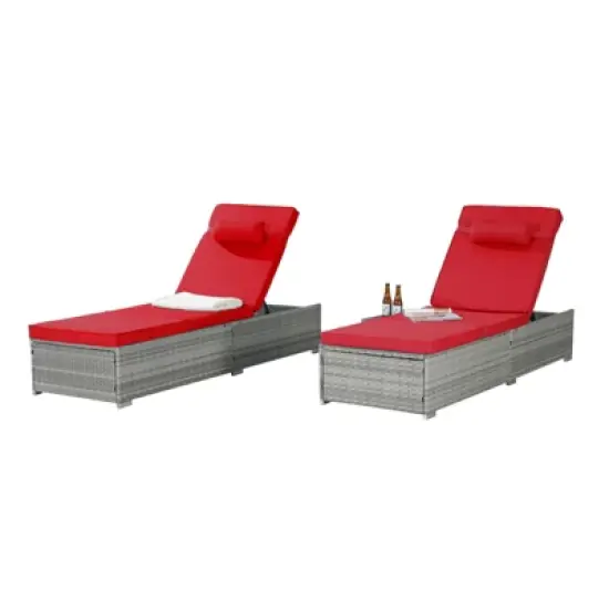 DSVIMOY Patio 2-Piece Chairs Tanning Lounges with Storage, Beach Recliners with Adjustable Backrest, Red & Gray, 77"*25"*14.8" image {2}