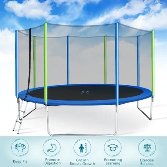 Kids Trampoline with Safety Fence Netting, Ladder and Wind Stakes - ModernLuxe image {3}