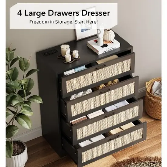 4 Drawer Dresser for Bedroom, Rattan Chest of Dressers, Modern Wood Tall Dresser with Power Outlets image {4}