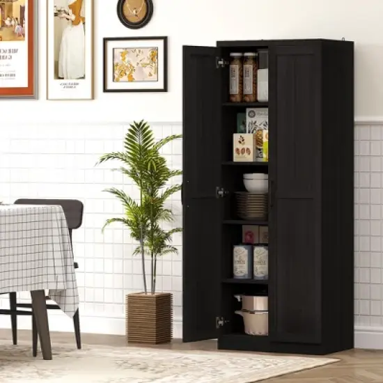 Yukimo 63" Cinnamon Black Wood Grain Kitchen Pantry, Freestanding Cabinet with 2 Adjustable Shelves, Elegant Handles, Anti-Tipping Safety Feature image {9}