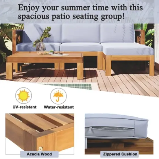 FIONECA 5-Piece Outdoor Wooden Sectional Sofa Set with Cushions &uml;C Natural Finish Frame & Gray Cushions, Patio/Backyard Seating Group image {4}