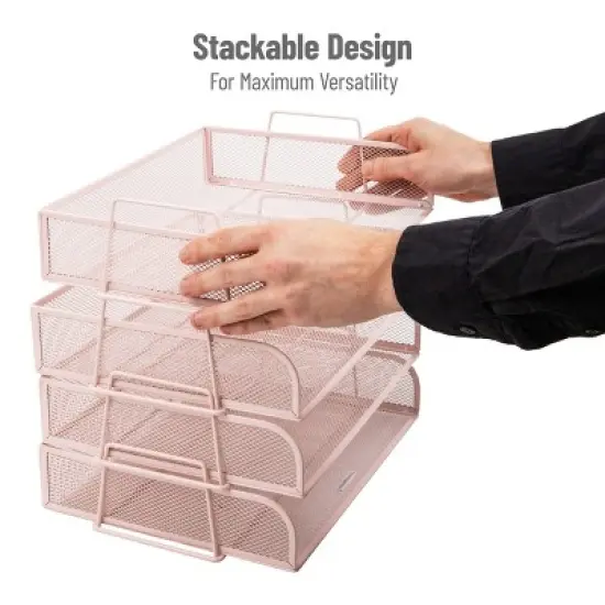 Mind Reader Stackable Paper Tray Metal Mesh Pink image {3}