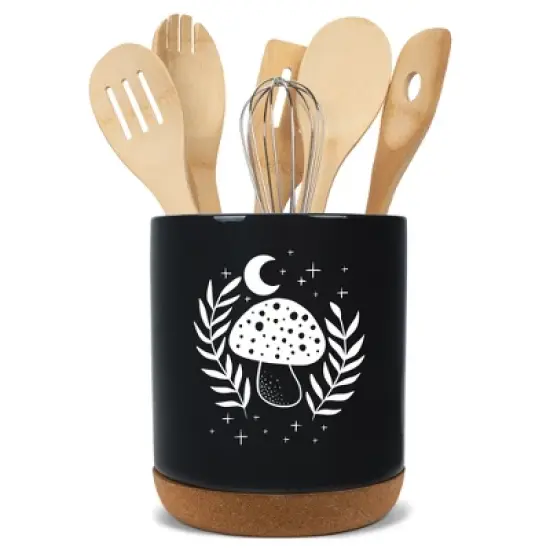 Elanze Designs 8 inch Moon Mushroom Leaf and Stars Large Ceramic Kitchen Utensil Holder Black and White Crock with Cork Base image {5}