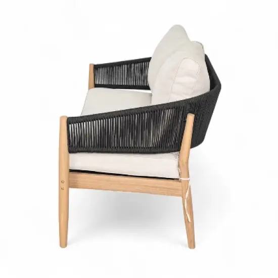 Christopher Knight Home Stuart Modern Patio Acacia Wood Woven Rope Loveseat with Cushion image {5}