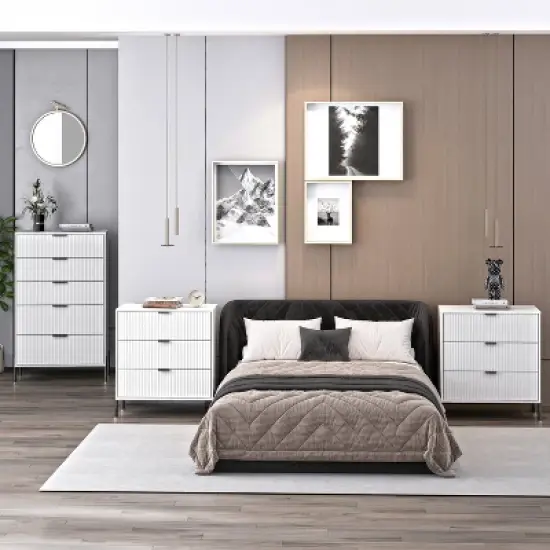 Festivo 3pc Modern Elegance 3 Drawer Nightstands and 5 Drawer Chest Set Off-White image {2}