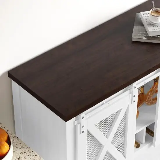 Farmhouse Sideboard Buffet Cabinet with Sliding Barn Doors, Open Storage Shelf & Wine Racks, Entryway Table for Kitchen, Dining Room, Hallway image {3}
