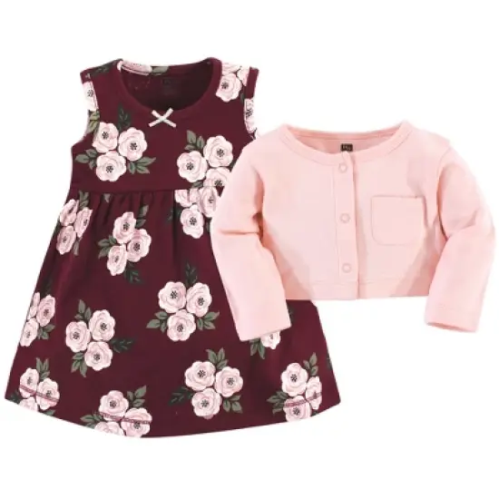 Hudson Baby Baby Girls Cotton Dress and Cardigan Set, Burgundy Floral image {2}