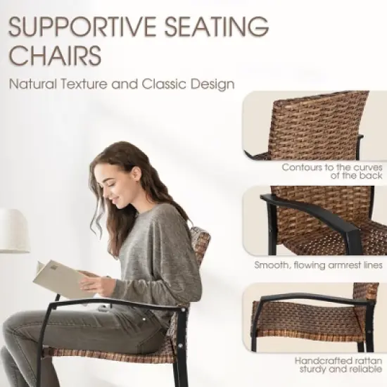 HOMEFUN 3 Pieces Outdoor Bar Stools Set,Rattan Bar Chairs,with glass table top, Wicker Bar Stools for Backyard,Brown image {1}